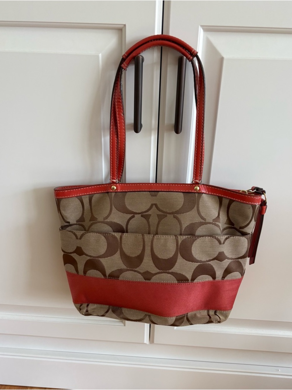 Coach Signature Strips tote Bag with Red Stripe - Picture 2 of 6